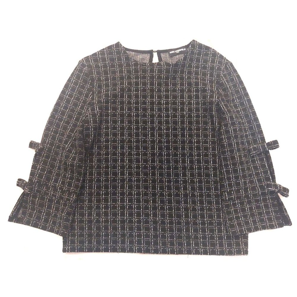 KARL LAGERFELD Paris Windowpane Bow Accented Sleeve Knit Top Size S‎ Black